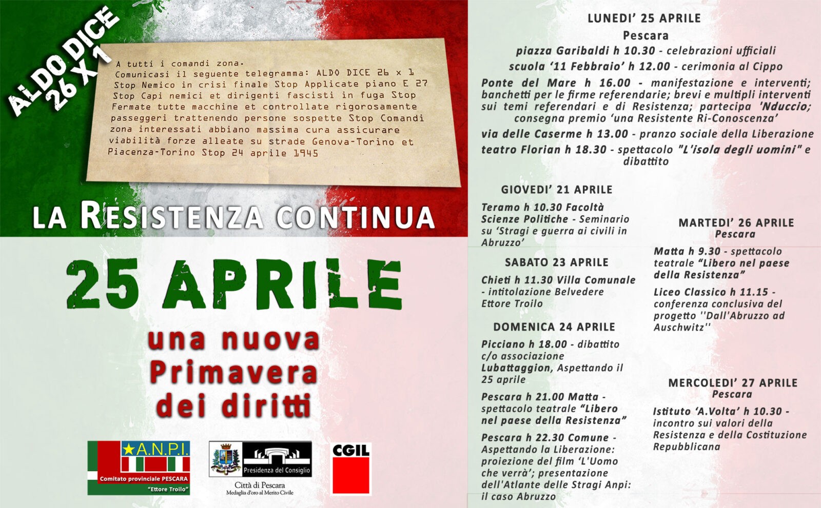 25 aprile Pescara, tante le iniziative: domani conferenza stampa
