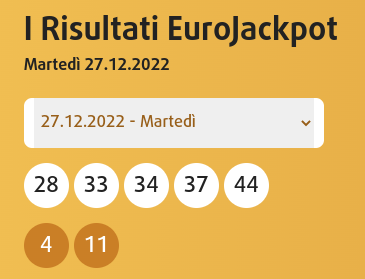 Combinazione vincente Eurojackpot concorso n.90 di martedì 27 dicembre 2022
