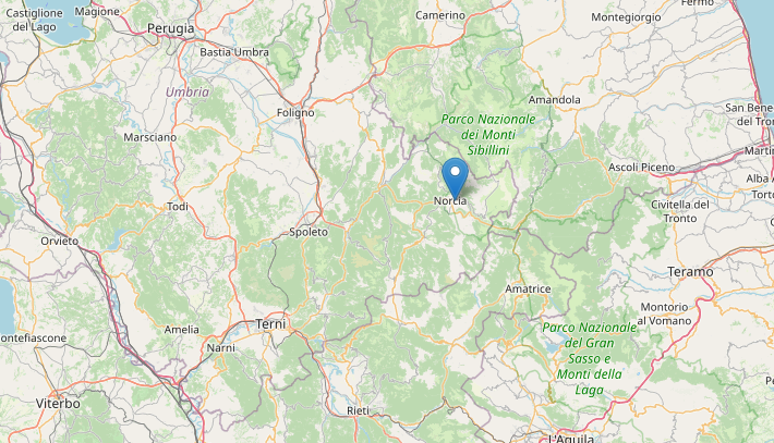 Epicentro della Lieve scossa di terremoto M 2.1 in Umbria a Norcia (Perugia) oggi 27 dicembre alle 19:21