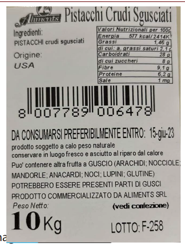 Etichetta Aliments S.R.L. - Pistacchio sgusciato sacchetto da 1kg