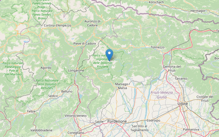 Epicentro Terremoto M2.8 nel Friuli-Venezia Giulia a Claut (Pordenone) stasera 23 dicembre alle 21:46