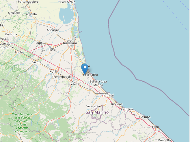 Epicentro del lieve terremoto oggi M2.3 in Emilia Romagna a Cesenatico (Forlì - Cesena) alle 10:11 del 30 dicembre