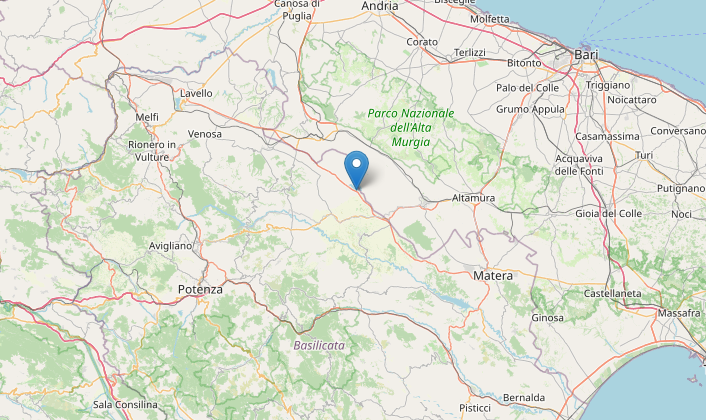 Epicentro del lieve terremoto oggi M2.2 in Puglia a Poggiorsini (Bari) alle 14:50 del 30 dicembre