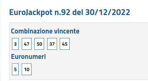 Combinazione vincente Eurojackpot concorso n.92 di venerdì 30 dicembre 2022 