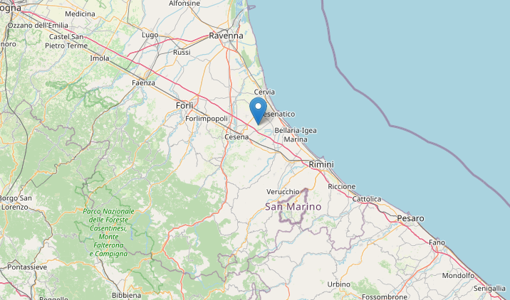 Epicentro del lieve terremoto oggi M2.3 in Emilia Romagna a Gambettola (Forlì - Cesena) alle 09:48 del 31 dicembre