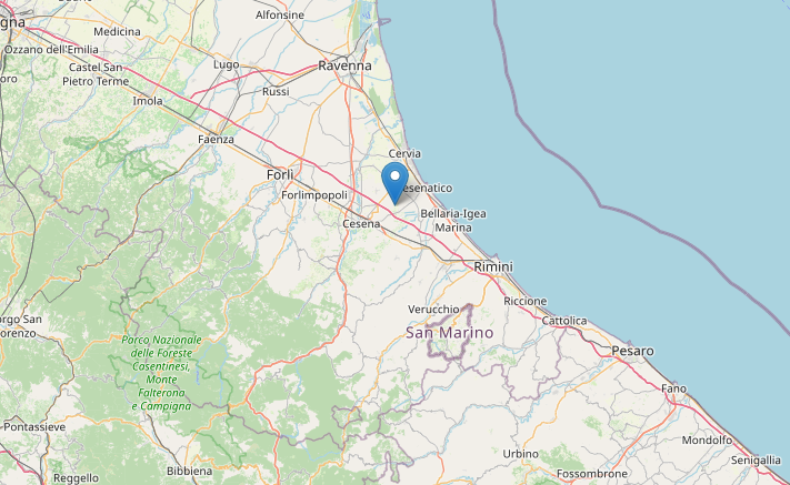 Epicentro del Terremoto di magnitudo ML 2.3 del 31-12-2022 ore 10:30:37 (Italia) in zona: 4 km W Cesenatico (FC)