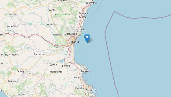 Epicentro del Terremoto di magnitudo ML 3.0 del 11-12-2022 ore 17:58:24 (Italia) in zona: Costa Catanese (Catania)