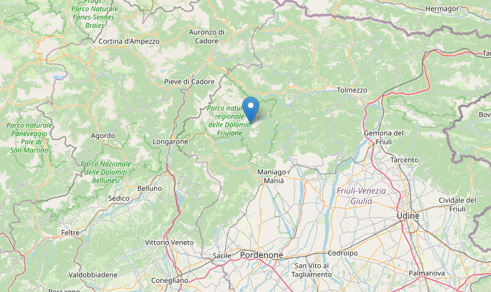 Epicentro Terremoto M2.9 in Friuli-Venezia Giulia a Claut (Pordenone) oggi 19 dicembre 22 alle 04:41
