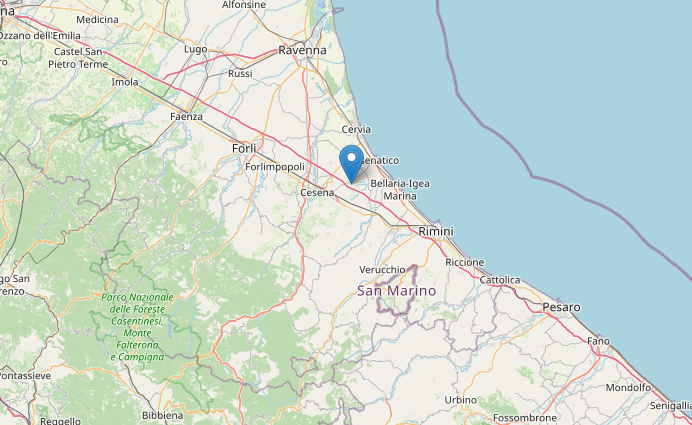 Epicentro Terremoto di magnitudo ML 3.5 del 26-01-2023 ore 07:00:26 (Italia) in zona: 3 km N Gambettola (FC)