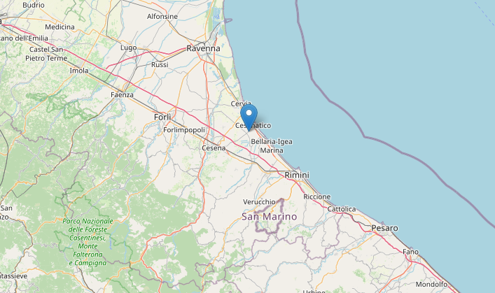 Epicentro Terremoto di magnitudo ML 4.1 del 26-01-2023 ore 11:45:41 (Italia) in zona: 3 km SW Cesenatico (FC)