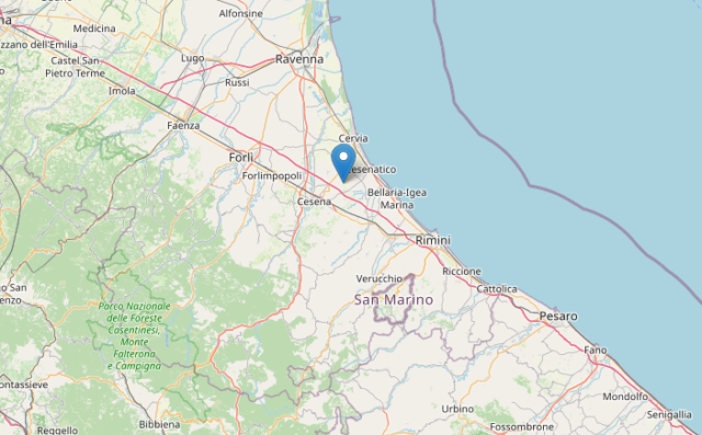 Epicentro Terremoto di magnitudo ML 2.8 del 27-01-2023 ore 14:28:32 (Italia) in zona: 6 km N Gambettola (FC)