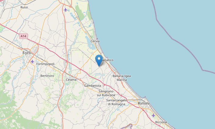 Epicentro Terremoto di magnitudo ML 2.6 del 28-01-2023 ore 09:20:03 (Italia) in zona: 4 km SW Cesenatico (FC)