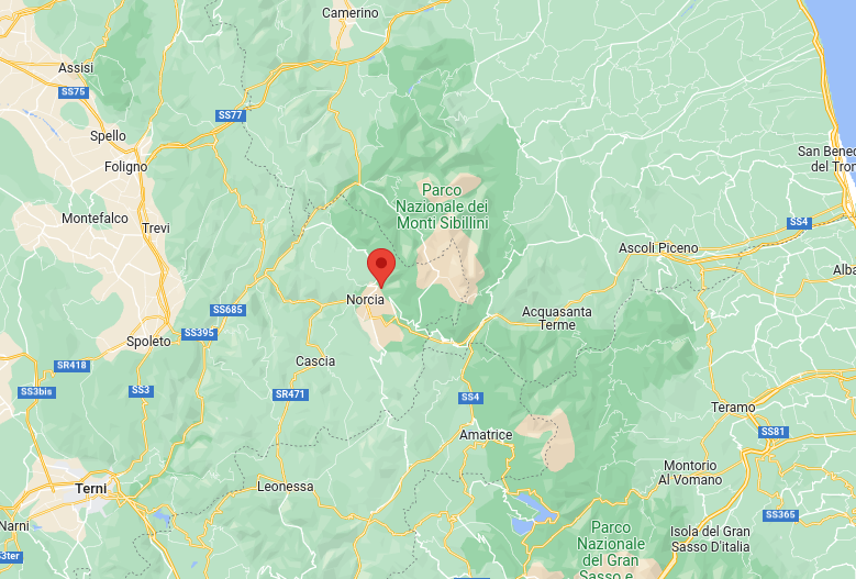 Epicentro Terremoto di magnitudo ML 2.3 del 16-01-2023 ore 16:35:53 (Italia) in zona: 2 km NE Norcia (PG)