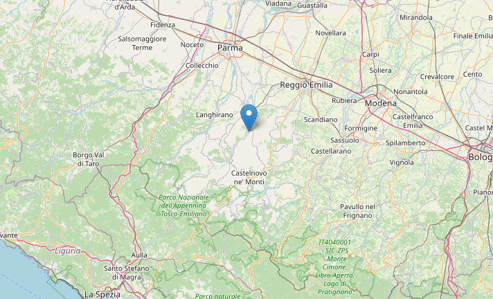 Epicentro Terremoto di magnitudo ML 2.2 del 03-01-2023 ore 15:55:14 (Italia) in zona: 3 km S Canossa (RE)