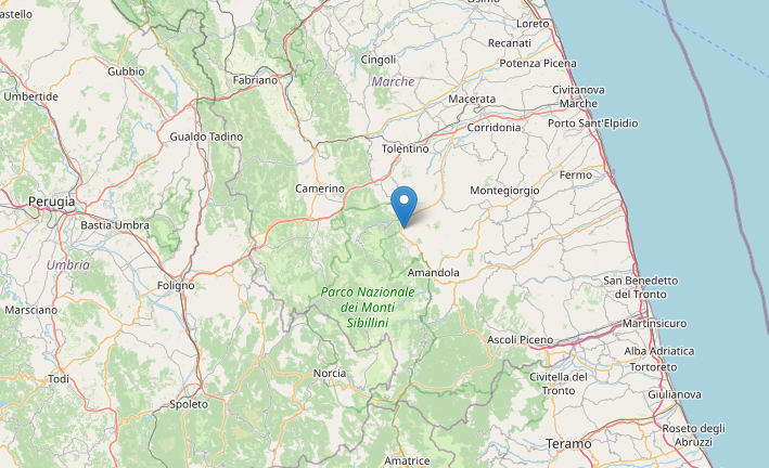 Epicentro Terremoto di magnitudo ML 2.5 del 18-01-2023 ore 07:11:39 (Italia) in zona: 3 km NW Sarnano (MC)