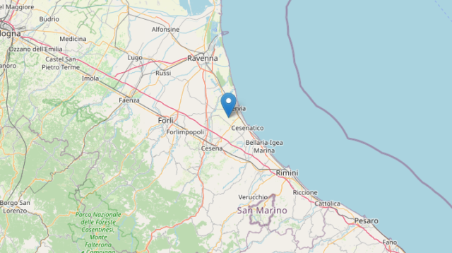 Epicentro Terremoto di magnitudo ML 2.9 del 18-01-2023 ore 22:46:32 (Italia) in zona: 5 km SW Cervia (RA)