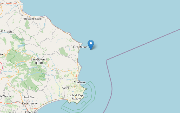 Epicentro terremoto oggi M2.4 in Calabria sulla Costa Jonica Crotonese alle 06:53 del 1 gennaio 23