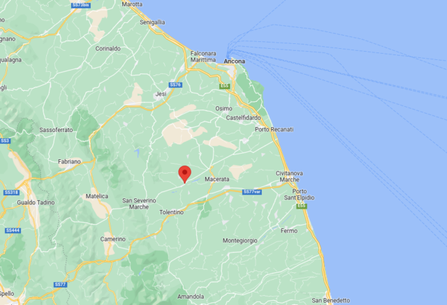 Epicentro del erremoto di magnitudo ML 2.4 del 25-02-2023 ore 13:51:16 (Italia) in zona: 3 km NW Pollenza (MC)
