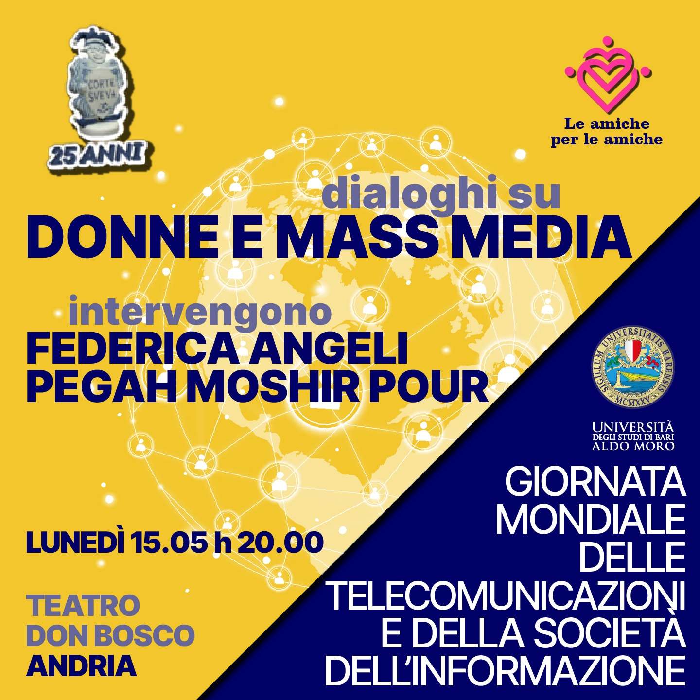 Donne e Mass media con Federica Angeli e Pegah Moshir Pour, 15 maggio, ore 20, Teatro Don Bosco Andria (BT)